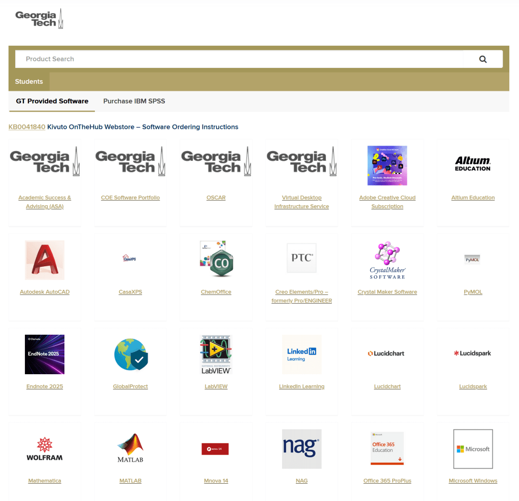 Image of the Georgia Tech software portal.