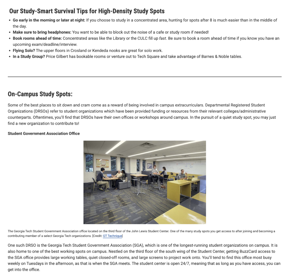 A screenshot of the StudyHive site, displaying Survival Tips and On-Campus Study Spots to help users find where to look when using the platform