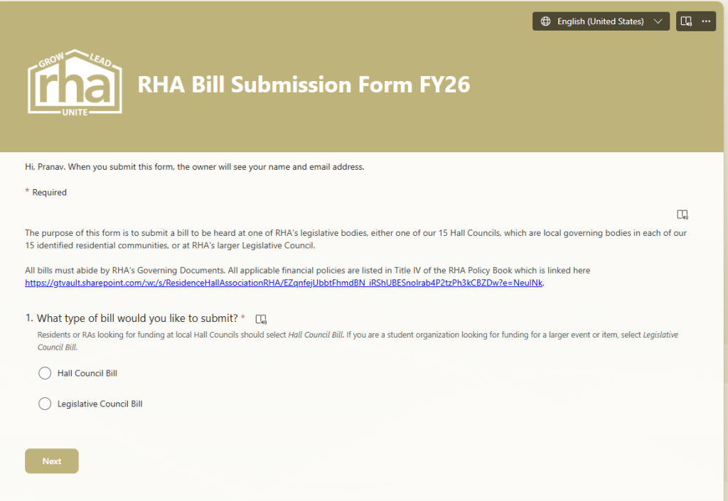 Screenshot of the "RHA Bill Submission Form FY26" webpage from the Residence Hall Association at Georgia Tech. The form explains its purpose: to submit bills for consideration by either Hall Councils or the Legislative Council.