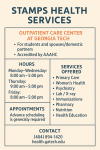 Infographic containing basic information for STAMPS services, hours, appointment suggestions and contact information.