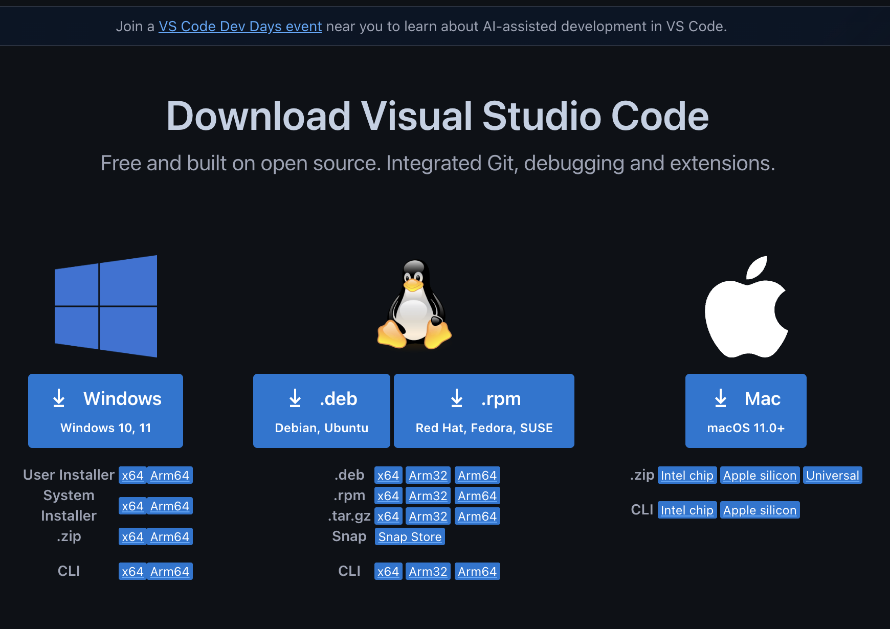 The download page for Visual Studio Code, showing installation options for Windows, Linux, and Mac. Each operating system is in its own column with a primary download button and links for specific versions, such as x64, Arm64, Intel chip, and Apple silicon.