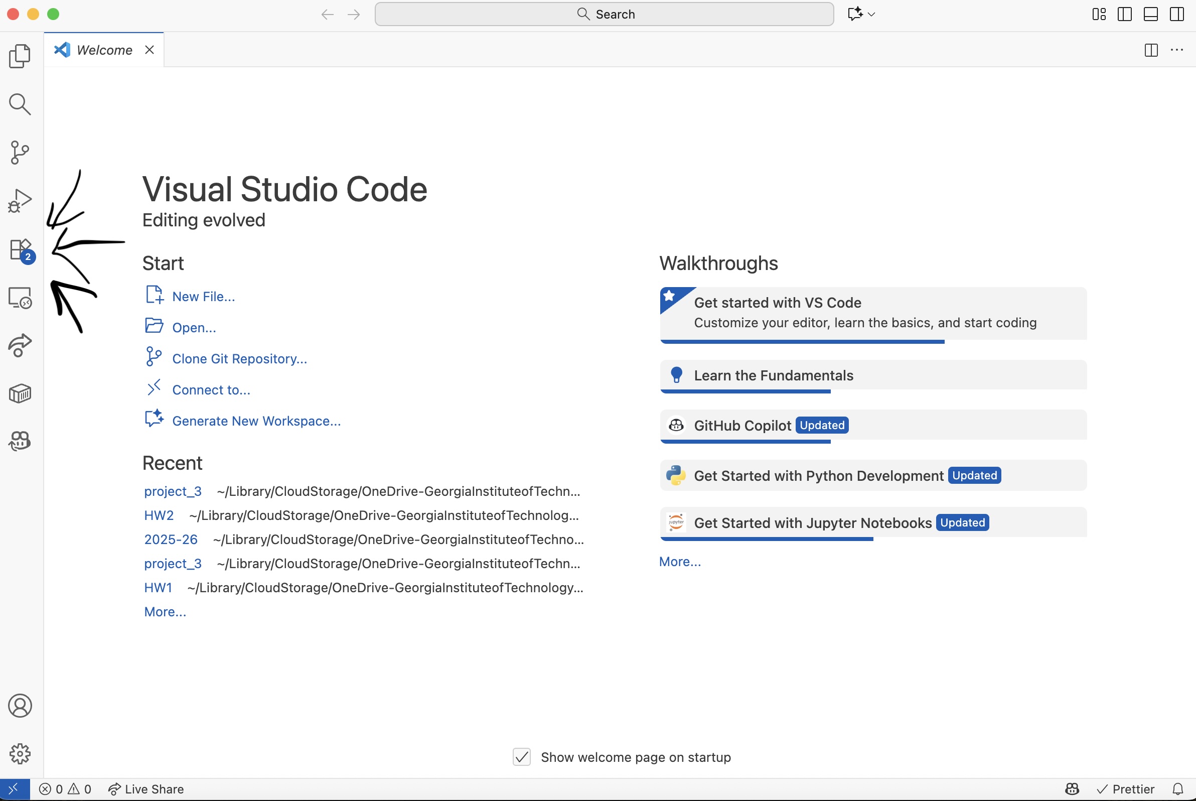 The Visual Studio Code interface is shown, displaying the welcome page. On the far left, in the main activity bar, several arrows point to the 'Extensions' icon, which is represented by four squares.