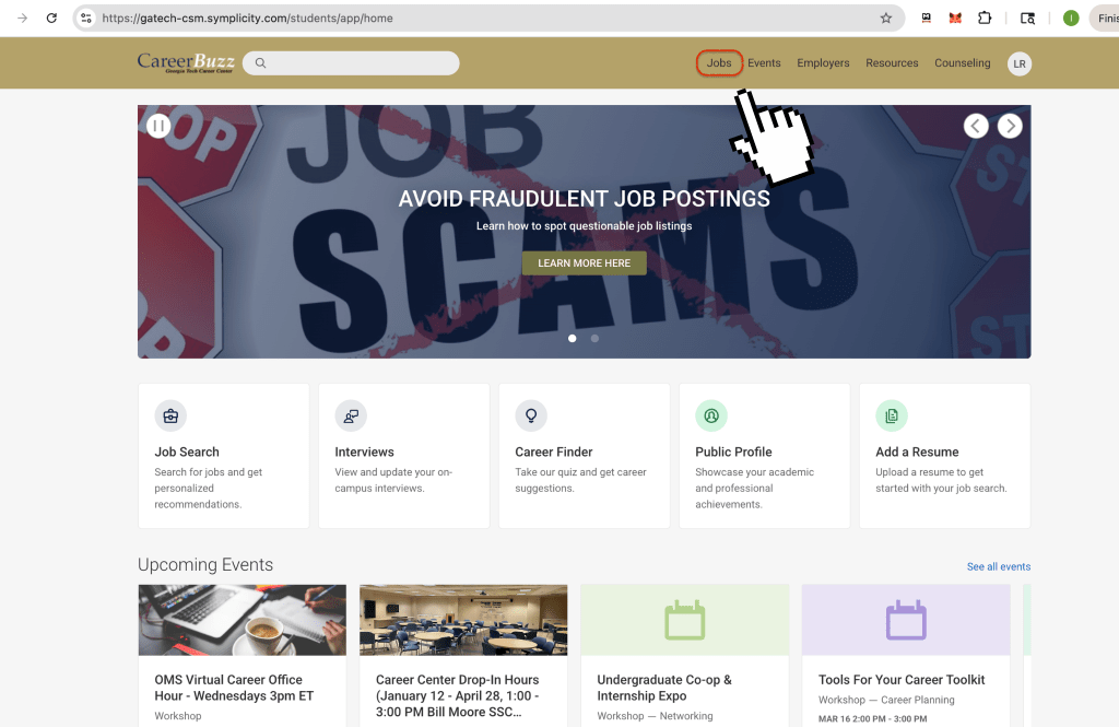 Step 3. Screenshot of the CareerBuzz homepage showing where to click the “Jobs” section in the top navigation menu.