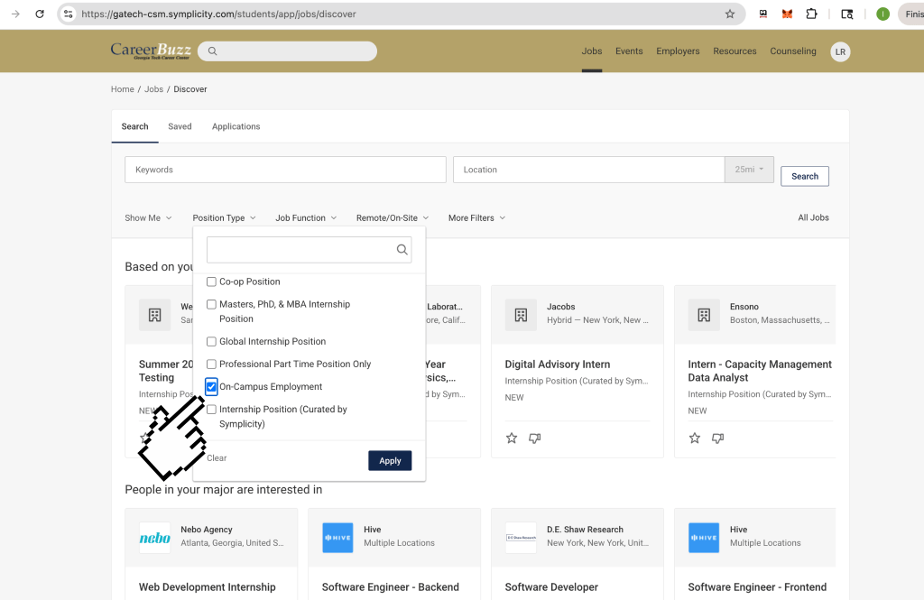 Step 4. Screenshot of the CareerBuzz job search page highlighting the “On-Campus Employment” filter under Position Type.