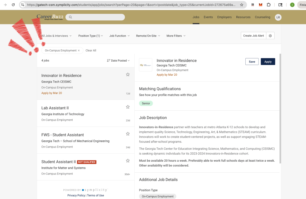 Step 5. Screenshot of the CareerBuzz job search page highlighting the “On-Campus Employment” filter under Position Type.
