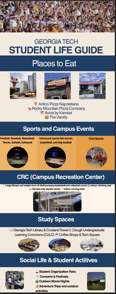 Infographic showing a student life guide including places to eat, sports and campus events, the campus recreation center, study spaces, as well as other social life and student activities