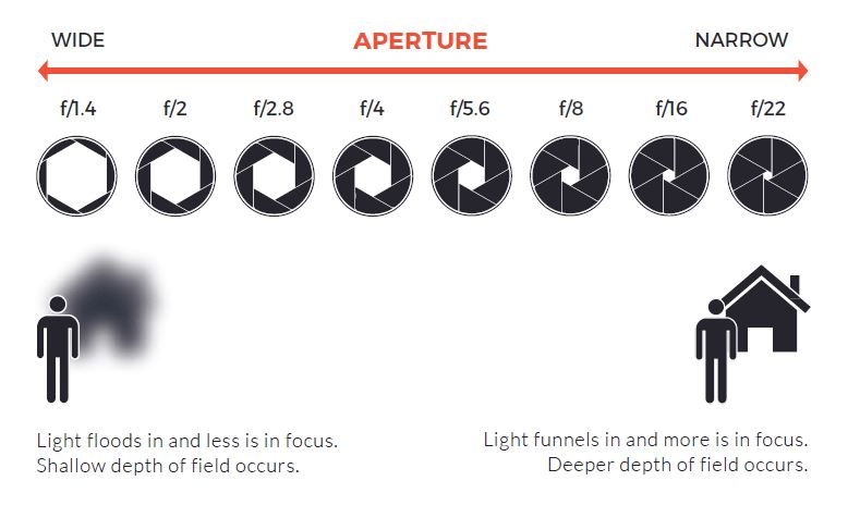 A graph displaying the relationship between aperture f-stop value, the size of the camera opening, and depth of field. As mentioned earlier, a narrower aperture is associated with a higher f stop and a deeper depth of field.