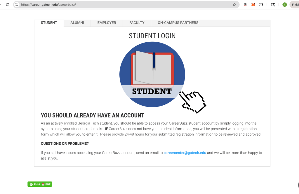 Step 2. CareerBuzz login screen showing Student login option among multiple user types