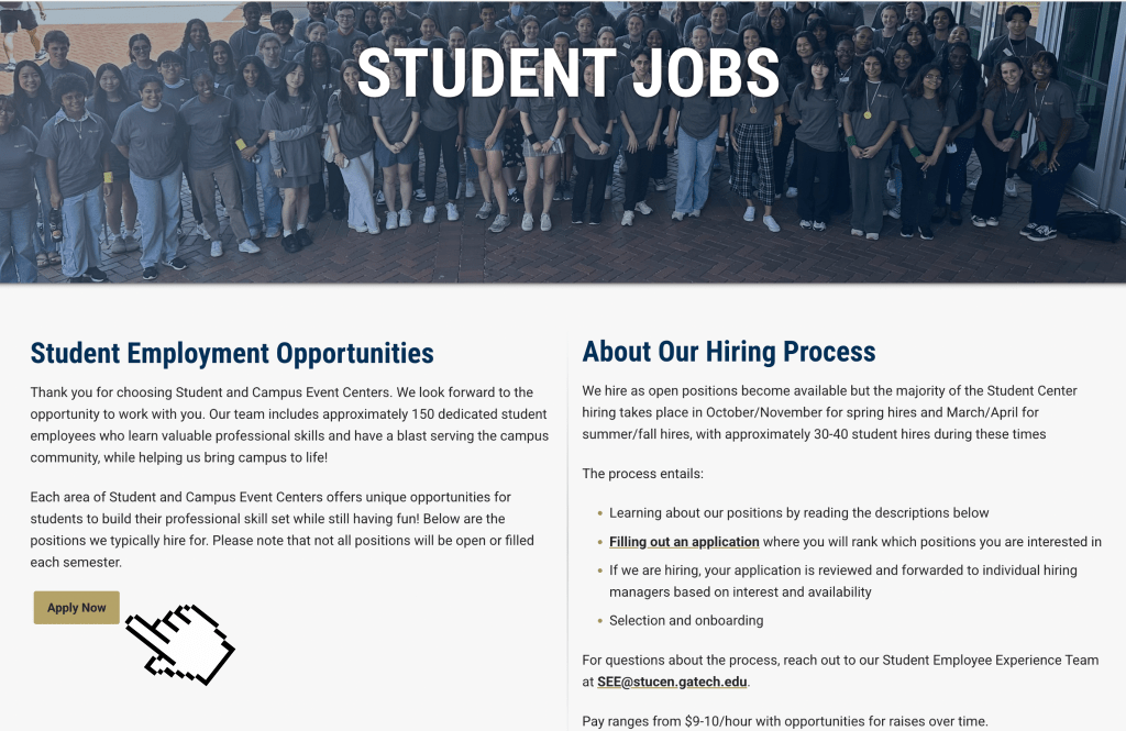 Georgia Tech's Student Center Job Posting website with cursor pointing out where to apply