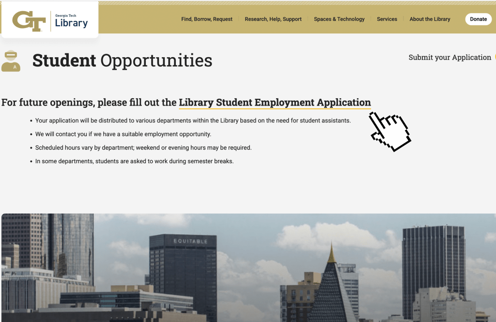 Georgia Tech Library's Job Posting website with cursor pointing out where to apply