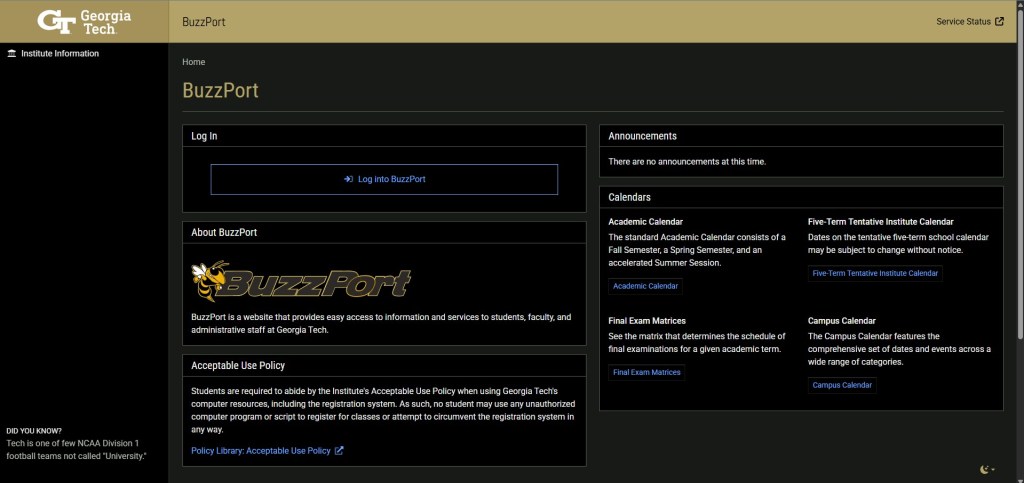 The initial log-in page for BuzzPort. Once 'log into BuzzPort' is clicked, you will be prompted to verify your identity.