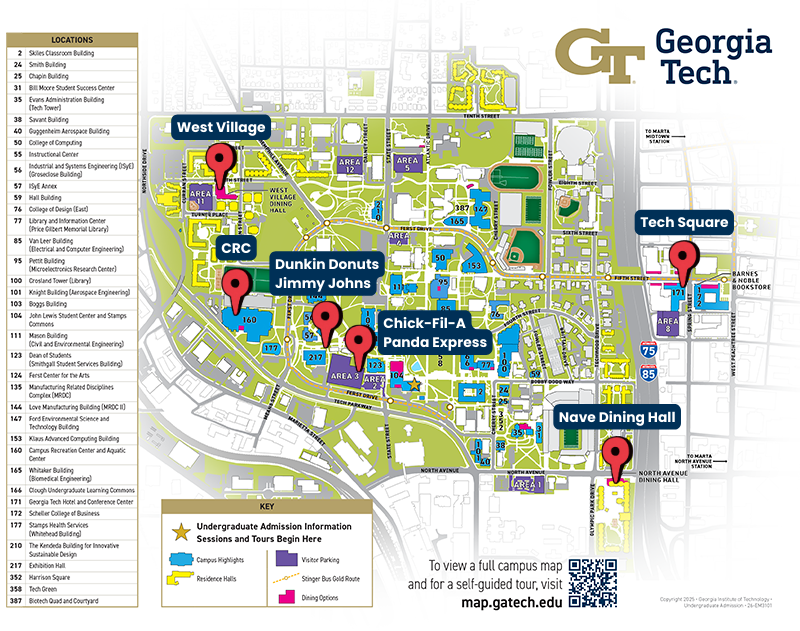 Georgia Tech Campus Map that highlights West Village, CRC, Dunkin Donuts, Jimmy John's, Chick-fil-A, Nave Dining Hall, and Tech Squares, as possible locations to find student jobs not listed online.