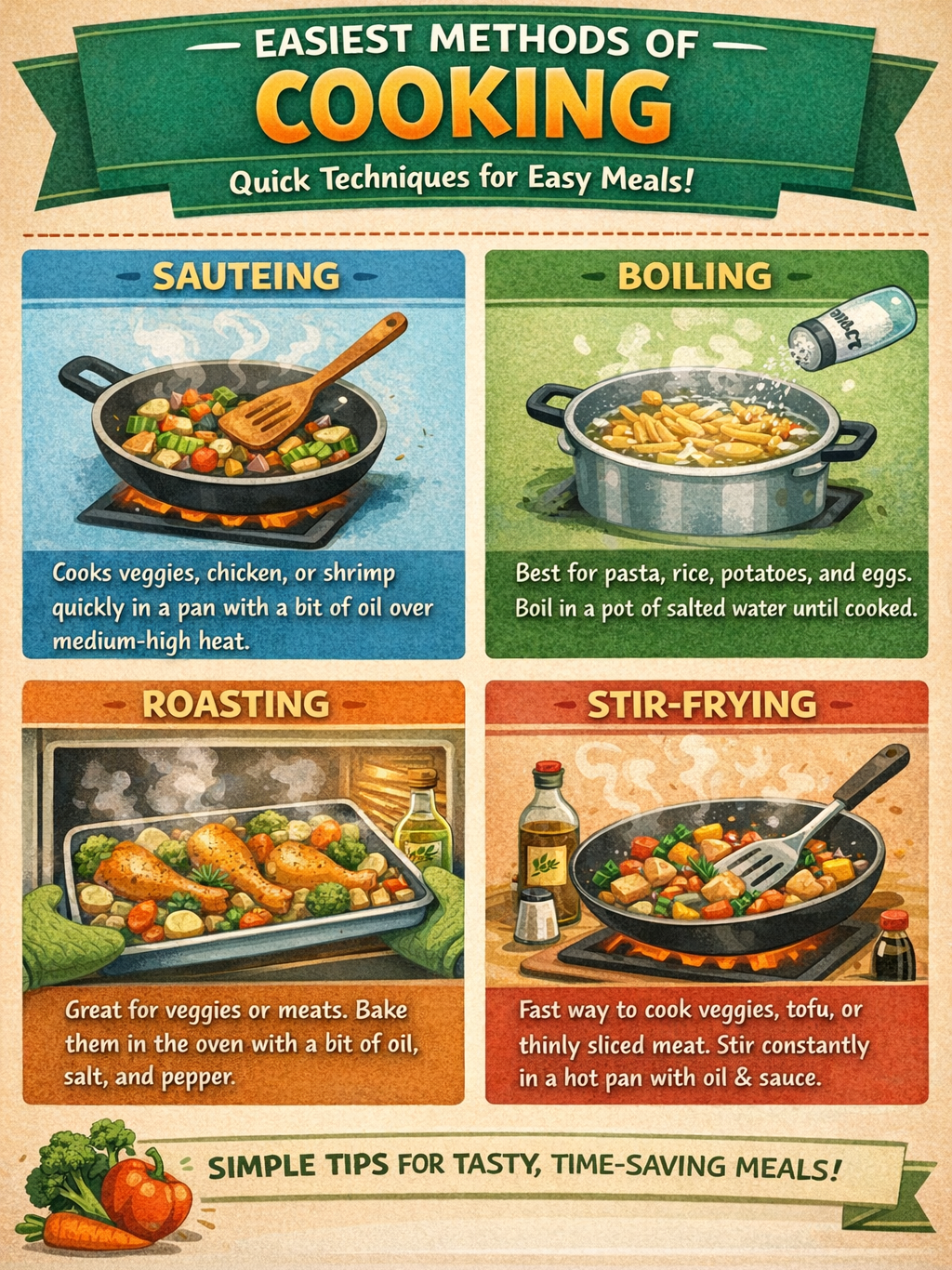 4 cooking strategies: sauteing, boiling, roasting, and stir-frying. 