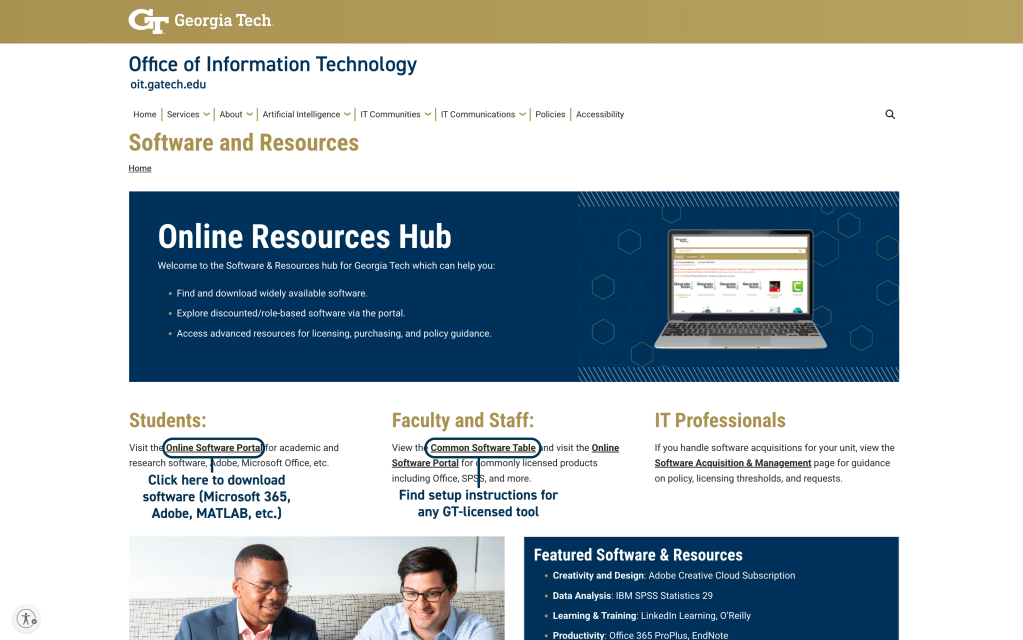 Annotated screenshot of the OIT Software and Resources page with callouts on the Online Software Portal link and Common Software Table link.