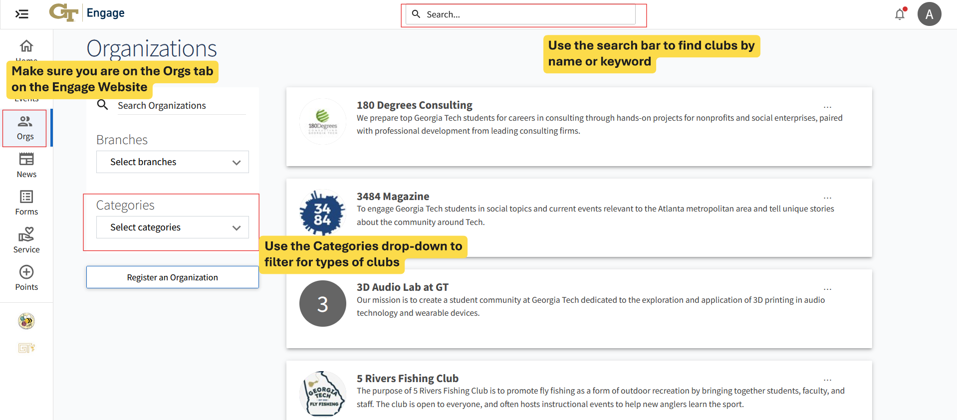 Georgia Tech Engage website with annotations indicating the orgs tab selector on the left side vertical navigation bar, search bar on the top middle, and categories dropdown on the left side of the page.