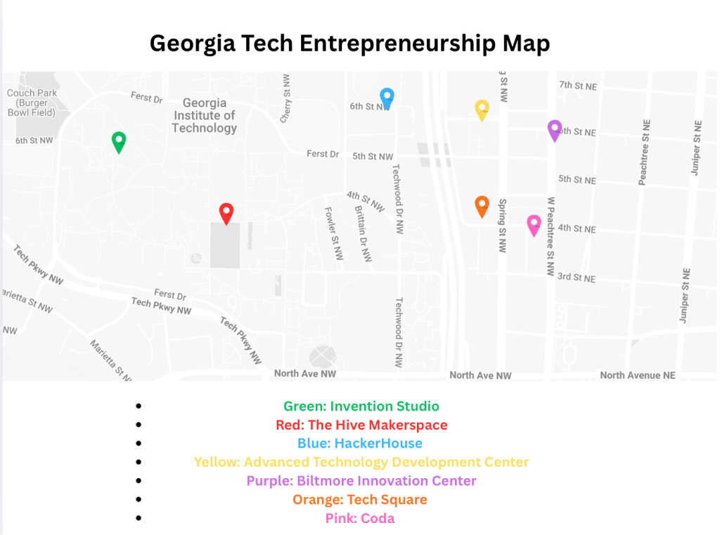 Map of Georgia Tech campus highlighting entrepreneurship resources such as CREATE-X and Startup Exchange