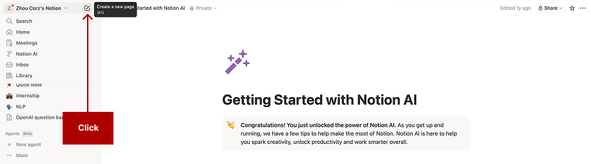 Screenshot of the Notion interface showing the sidebar with a cursor pointing to the ‘Create a new page’ button, indicating where users should click to start a new page in their workspace