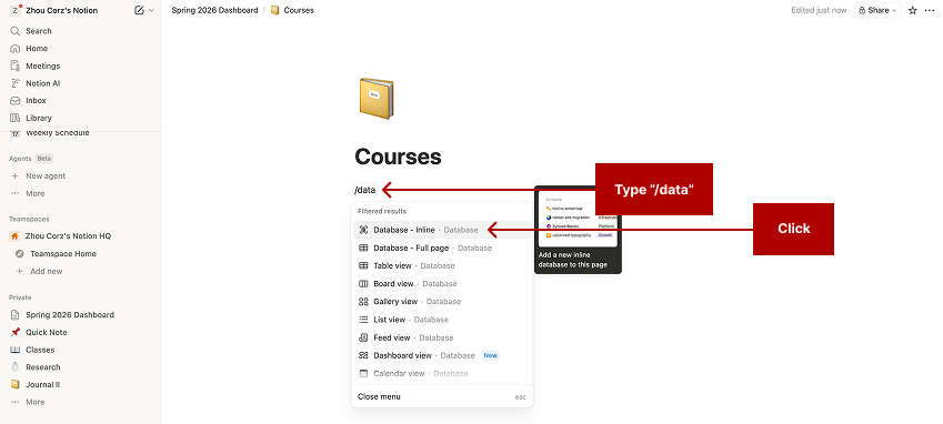 Screenshot of a Notion page titled ‘Courses’ showing the command menu after typing ‘/data’ with the ‘Database – Inline’ option highlighted to create a new database.