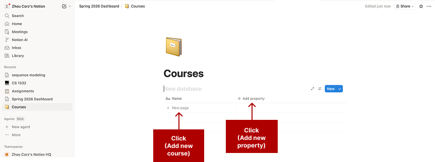 Screenshot of a Notion database titled ‘Courses’ showing where to click ‘New page’ to add a new course and ‘Add property’ to create additional columns such as professor or course link.