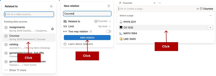 Screenshot showing the process of creating a relation property in Notion that links the ‘Assignments’ database to the ‘Courses’ database, followed by selecting specific courses for each assignment.