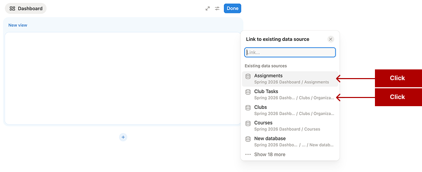 Screenshot of the Notion dashboard setup window showing options to link existing databases such as Assignments and Club Tasks to the dashboard view.