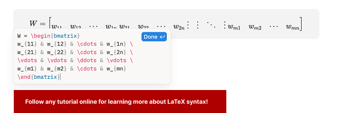 Screenshot of a Notion equation block displaying a matrix equation written using LaTeX syntax.