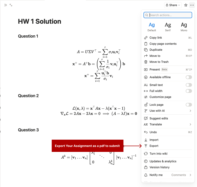 Screenshot of a Notion page containing homework solutions with mathematical equations, with the settings menu open and the ‘Export’ option highlighted.