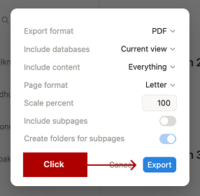 Screenshot of the Notion export settings window showing the PDF export option and the ‘Export’ button highlighted.
