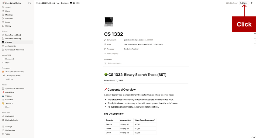 Screenshot of a Notion course page for ‘CS 1332’ with the Share button highlighted in the top right corner