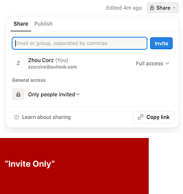 Screenshot of the Notion sharing menu showing an email invitation field and the setting ‘Only people invited’ indicating private access.