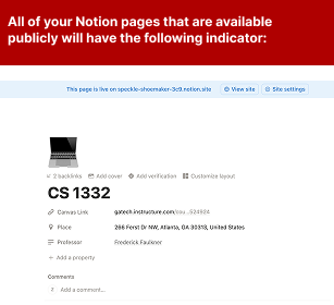 Screenshot of a Notion page published to the web showing the public page banner and site link indicating the page is publicly accessible.