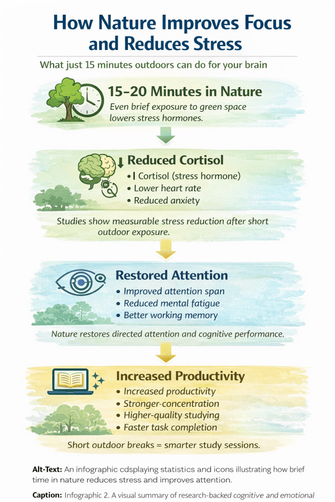 An infographic displaying statistics and icons illustrating how brief time in nature reduces stress and improves attention.