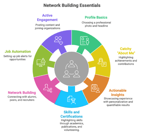 Checklist for all essential profile sections, including professional headshot, AboutMe section, experience, skills, academics, certifications needed for building connections and receiving job alerts. 