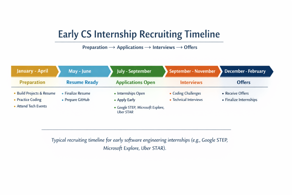 This info graphic details the early CS internship recruiting timeline, from preparation, applications to interviews and offers. The application cycle starts up to a year before the job start date!
January-April: Preparation: Build projects and resume, practice coding, and attend tech events.
May-June: Resume Ready: Finalize resume and prepare GitHub
July-September: Applications open: apply early, Google STEP, Microsoft EXPLORE, Uber STAR
September-November: Interviews: Coding challenges and technical interviews
December-February: Offers: Receive Offers and Finalize Internships