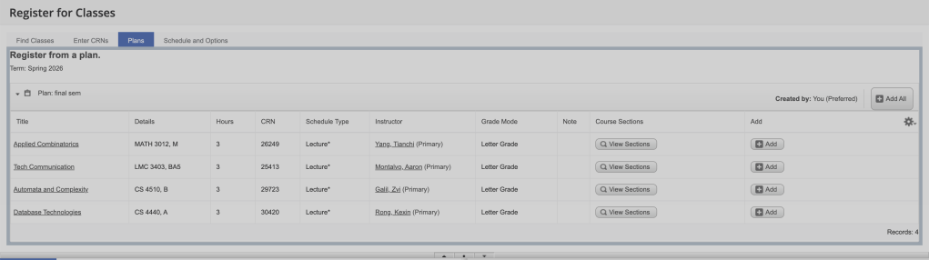 Screenshot of the Add Classes Worksheet in OSCAR showing empty boxes where students can input Course Registration Numbers (CRNs).