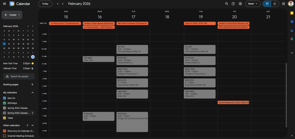 A screenshot of a Google Calendar weekly view in dark mode. The schedule displays a clear visual hierarchy: routine class lectures are colored in a muted, dark gray, while crucial Canvas assignment deadlines stand out sharply in bright orange.