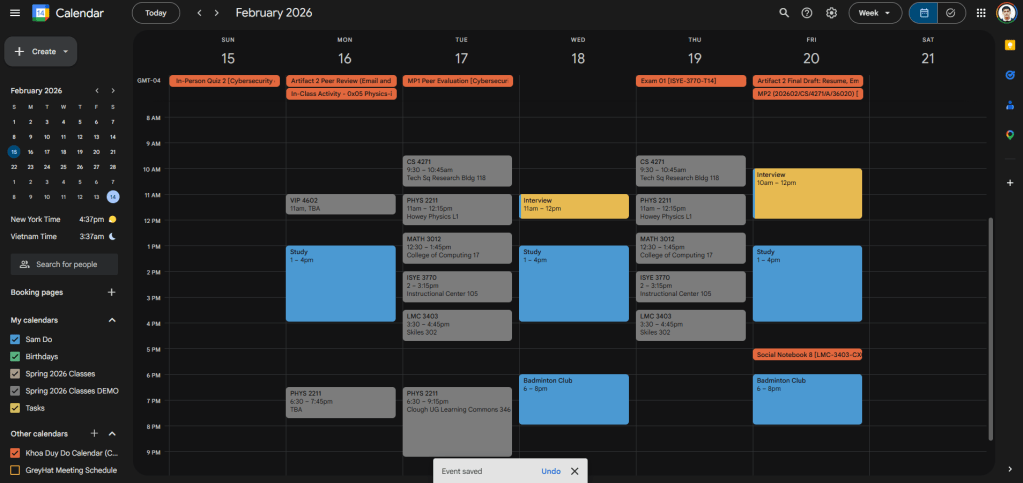 A screenshot of a fully populated Google Calendar weekly view in dark mode. The schedule is highly organized and color-coded: synced Canvas assignment deadlines are bright orange at the top, imported GT Scheduler class lectures are in dark grey, and recurring personal commitments like study blocks, club meetings, and interviews are highlighted in bright blue and yellow.