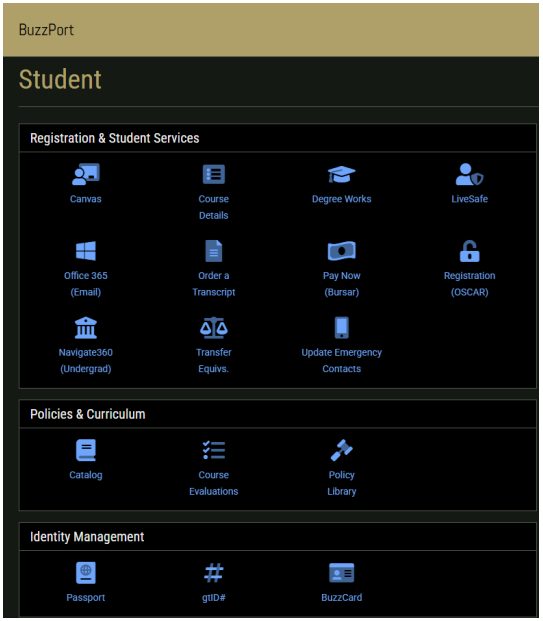 The BuzzPort dashboard provides quick access to academic tools, financial information, and other campus resources.
