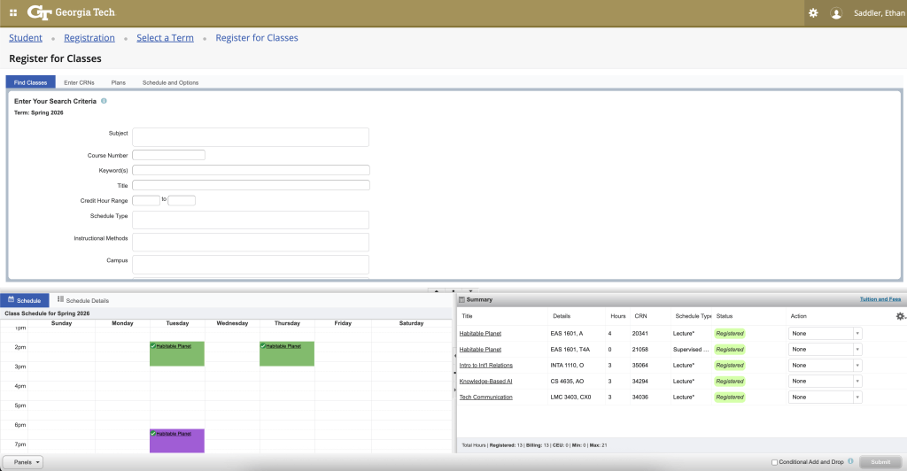 The GT Oscar portal is critical for registration, as it is the primary way that students will browse and register for classes. There is searching, you can view your current schedule and classes and their status.
