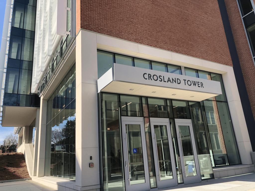 Entrance to Crosland Tower at Georgia Tech, where students can work in library desk and support positions.