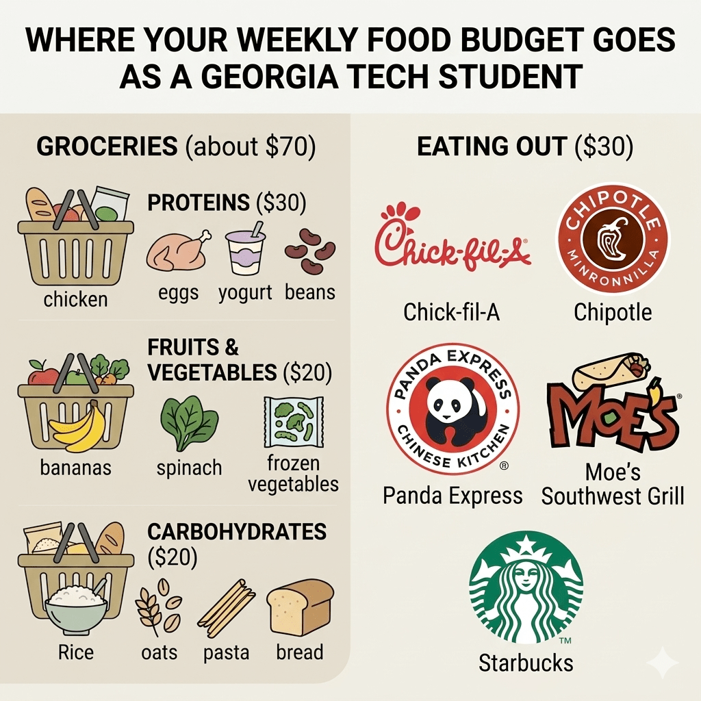 Infographic on splitting a $100 budget between groceries ($70) and eating out ($30)