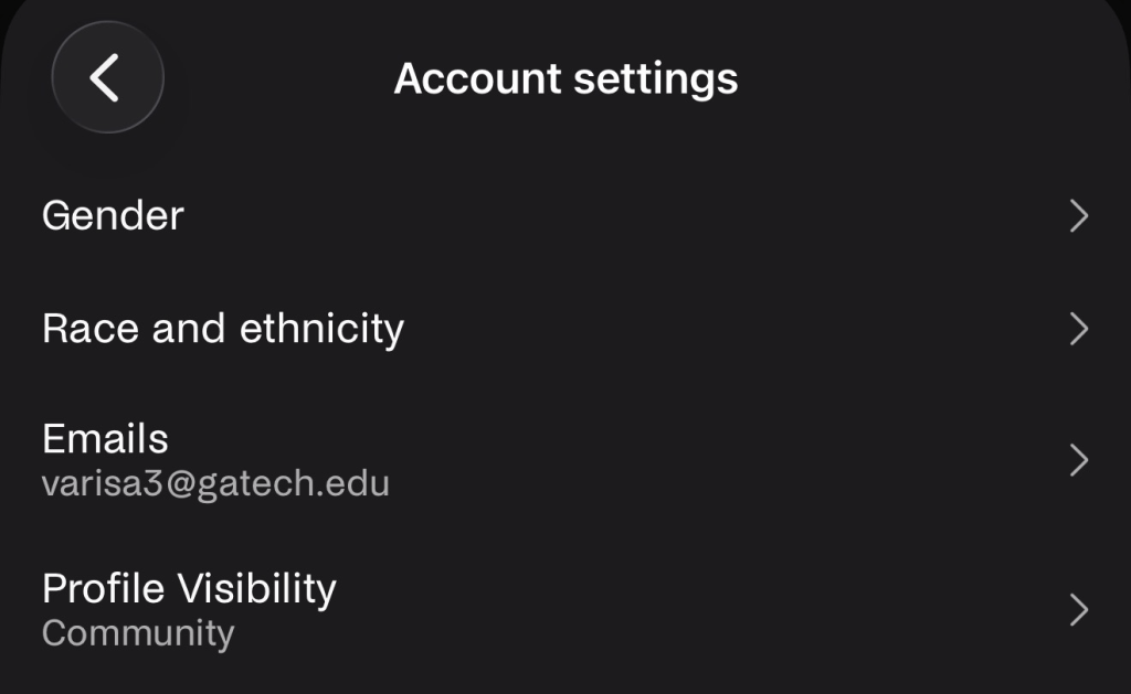 Screenshot of Handshake's Account Settings page under 'Privacy' showing toggle switches to control profile visibility — options include making the profile visible to the 'Employer Community,' 'All Students,' or 'Only Me.'
