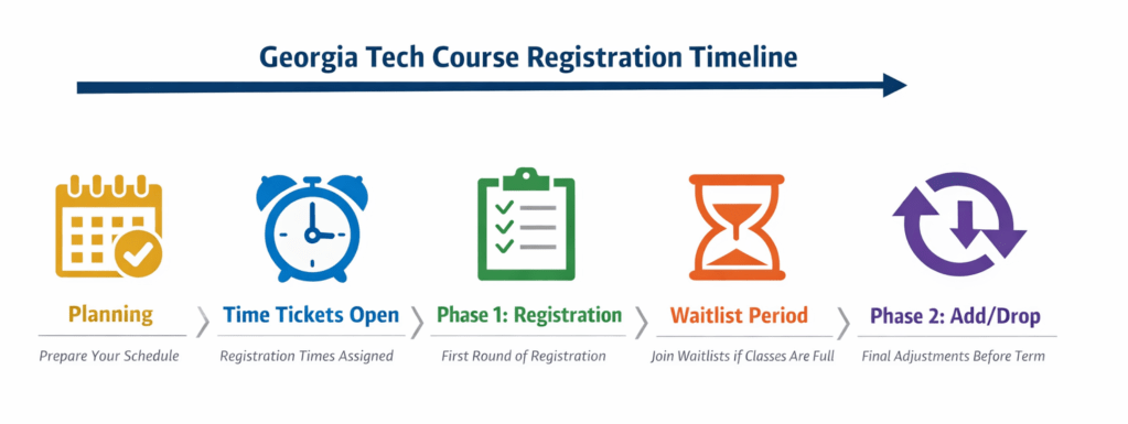 Understanding the timeline is crucial to registration. Plan first and ahead of time, then when time tickets open, register immediately. If there are any classes that are not made, get on waitlist. Finally during phase 2, make your final adjustments.