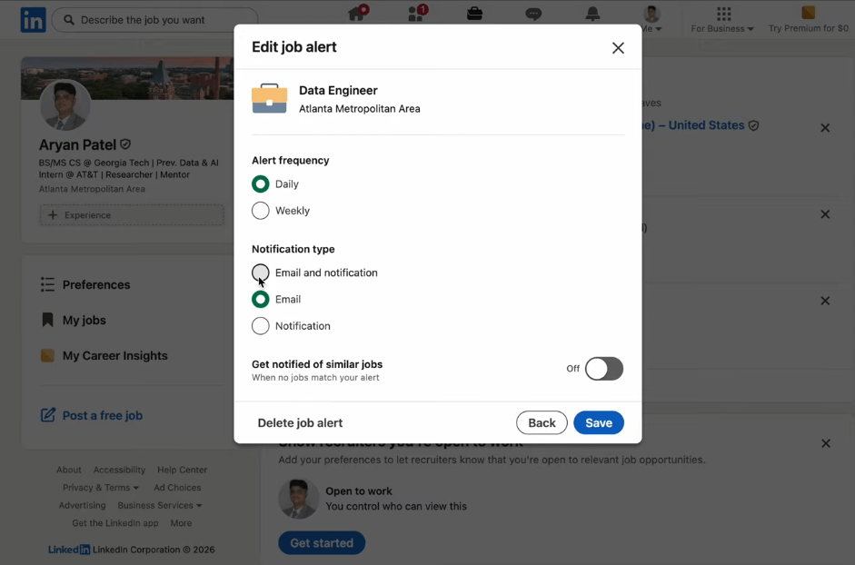 Guide showing how to set up LinkedIn Job Alerts and apply job filters.