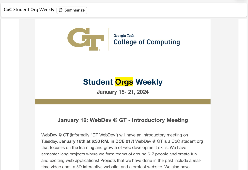 Email invitation from Georgia Tech CoC Student Org Weekly newsletter promoting an introductory meeting for WebDev @ GT.