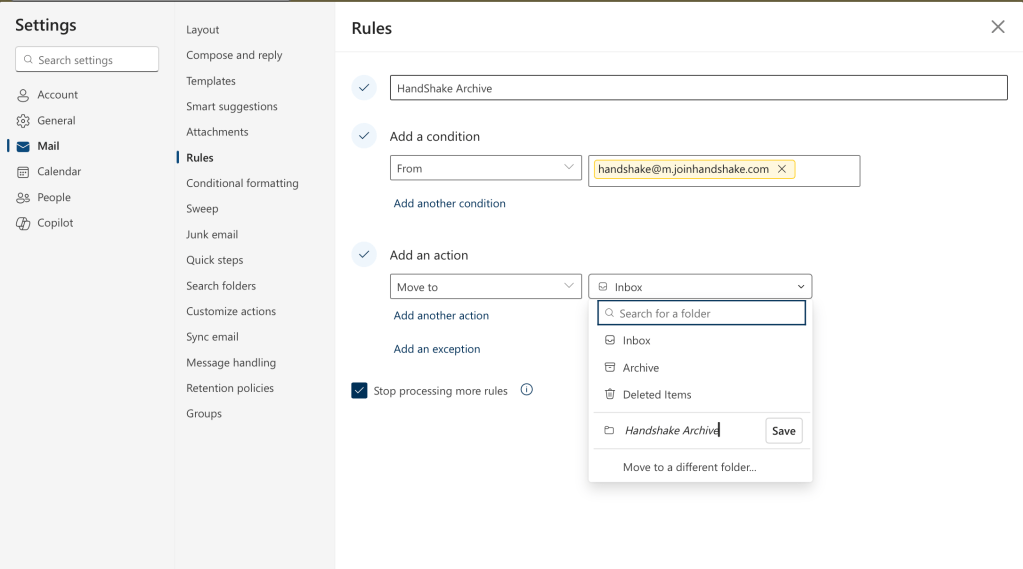 Annotated screenshot of Outlook's Rules settings page showing a configured rule titled 'Handshake Archive.' The condition field shows 'From: handshake@m.joinhandshake.com' highlighted in blue, and the action field shows 'Move to: Handshake Archive' with an arrow pointing to the destination folder in the left sidebar.