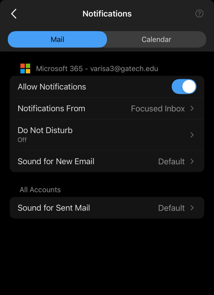 Screenshot of the Outlook iOS app's Settings menu. The 'Focused Inbox' toggle switch is highlighted and turned ON. A callout label reads: 'Enable this to separate important emails from newsletters and digests.'