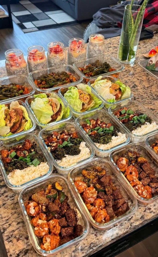 Food distributed into multiple containers. 