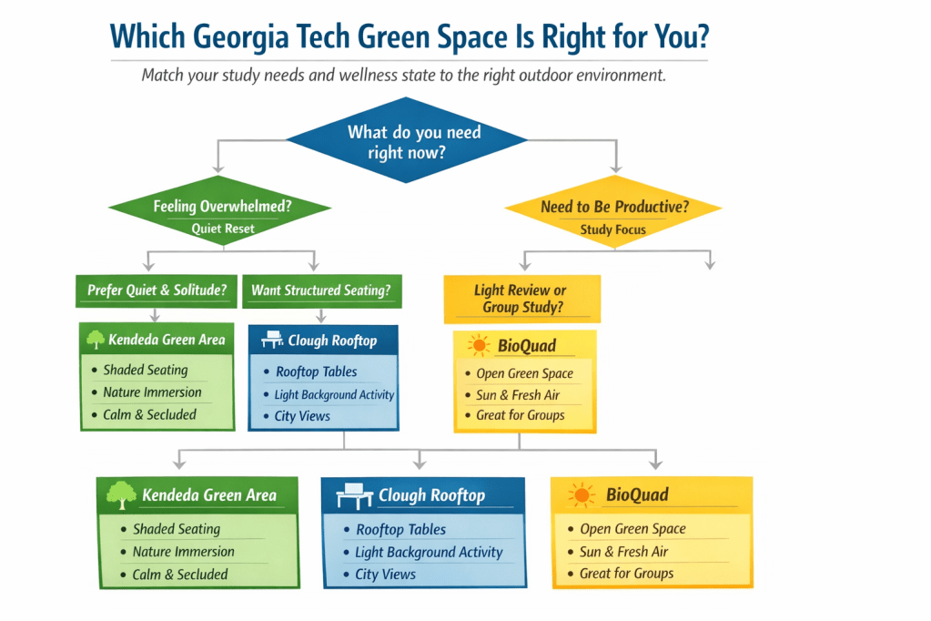 A flowchart-style infographic that helps students choose between Kendeda, Biquad, and Clough rooftop based on whether they need quiet, sunlight, or structured study space.
