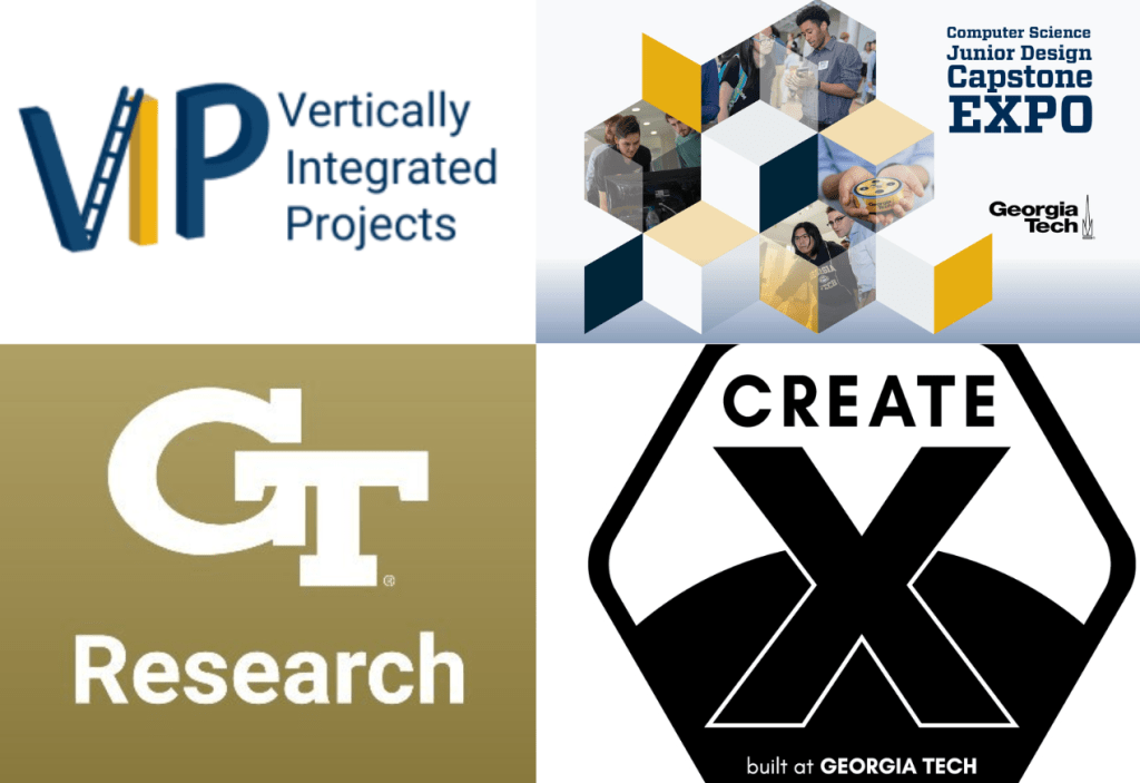 Combined into one image: four images showcasing the Junior Design options using their logos, which are arranged left-to-right and top-to-bottom in the order: VIP, Capstone, CREATE-X, Undergraduate Research.